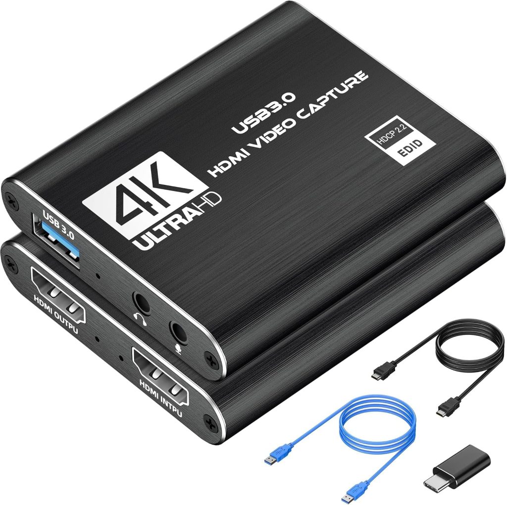 Video Capture Card, USB 3.0 Audio Video Capture Card, 4K HDMI Capture Card HDMI Loop-Out, 1080P 60FPS/2K 30FPS Video Game Capture for Streaming, Works for PS5/Switch/Camera/PC/OBS