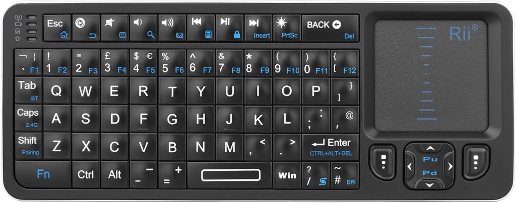Rii Mini Wireless Keyboard with Trackpad, IR Remote, Small Keyboard for Home Entertainment, Smart TV, Mac, Laptop, Windows, Tablet, Projector (2.4G+Bluetooth, Rechargeable, Backlit)