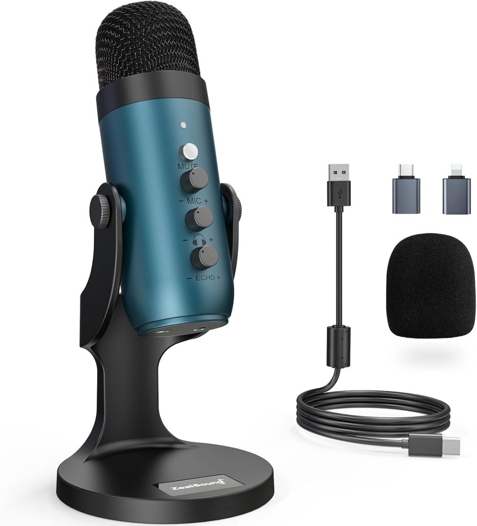 zealsound USB Microphone, Podcast Mic for PC, iPhone & Phones, k66 Teal