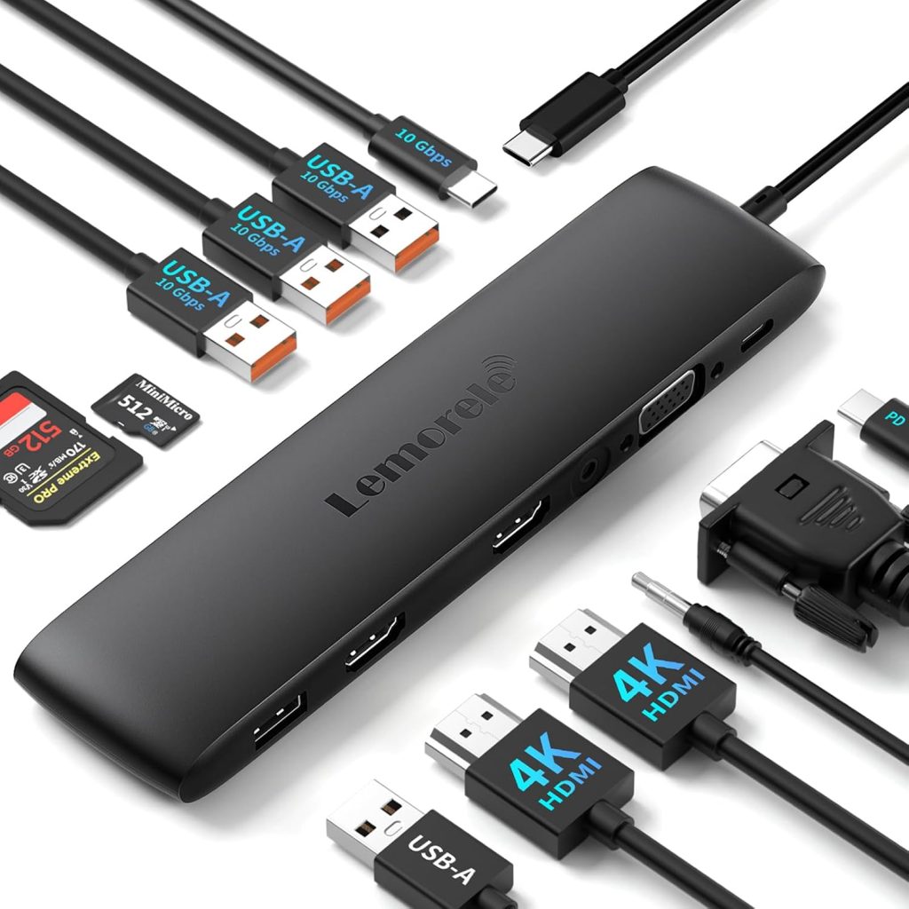 Lemorele Laptop Docking Station Dual Monitor, 12-in-1 USB C Hub 10Gbps USB