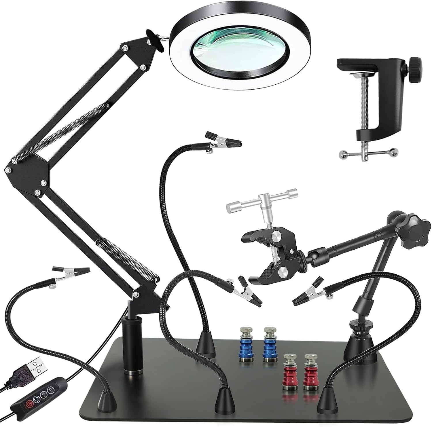 Magnetic Helping Hands Soldering Station, 10X LED Magnifying Lamp, Magnifying Glass with Light and Stand, 360 Hot Air Gun Holder, 4 Magnetic Third Hand Soldering Tool &PCB Holder for Soldering Station