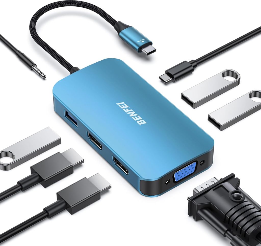 BENFEI USB C MST HUB 8in1 with USB-C to 2*HDMI/1*VGA, to 3*USB 3.0/100W Power Delivery/3.5mm Aux Audio, Compatible with iPhone 15 series, MacBook Pro 2023/2022/2021/2020, Surface Book and More