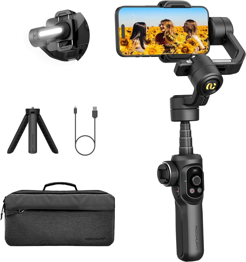 AOCHUAN Smart S2 Gimbal Stabilizer for Smartphones - 3-Axis Professional Gimbal Stabilizer - Extendable Rod, Microphone and Fill Light - Perfect for iPhone Android Vlogging, TikTok, and YouTube Videos