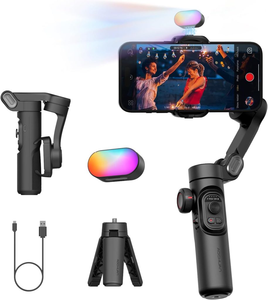 AOCHUAN 3-Axis Gimbal Stabilizer for iPhone Gimbal w/RGB Fill Light