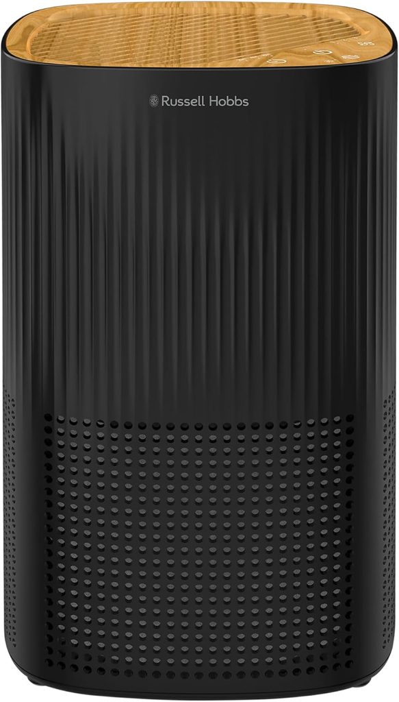 Russell Hobbs Air Purifier for Bedroom Home 100m ³/h CADR, 99.95% Carbon Filter Captures Bacteria, Allergies Odour, Dust, LED Display, Clean Air Mini Aroma Black Scandi Wood Effect RHAP1032WDB