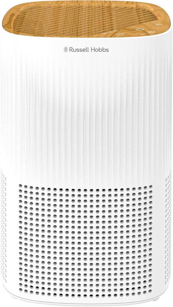 Russell Hobbs Air Purifier for Bedroom Home 100m ³/h CADR, 99.95% Carbon Filter Captures Bacteria, Allergies Odour, Dust, LED Display, Clean Air Mini Aroma White Scandi Wood Effect RHAP1032WDW
