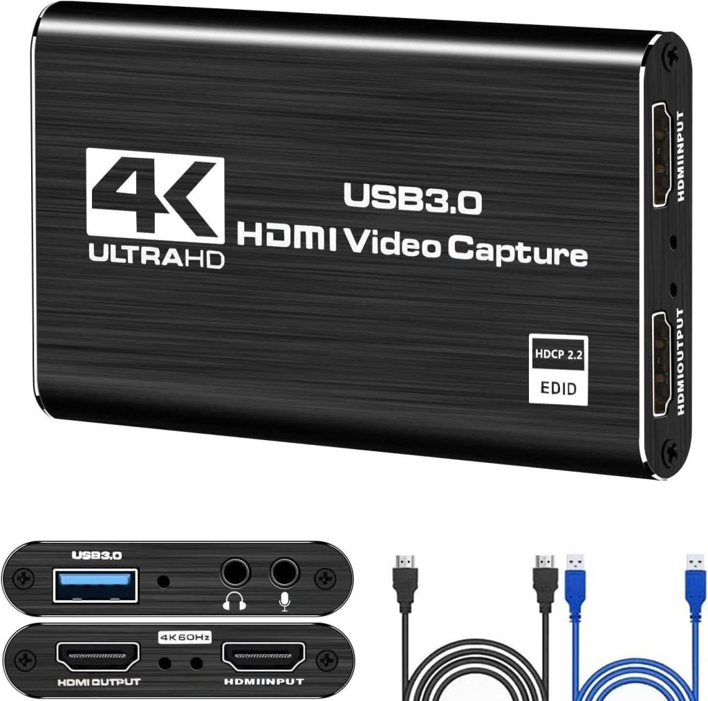 4K HDMI Video Capture Card, USB3.0 1080P 60FPS Video Recorder, Nintendo Switch Capture Card for Streaming Gaming and Broadcasting, Works with Xbox Series X/S, Xbox One X/S, PS4, OBS, Camera, (Black),