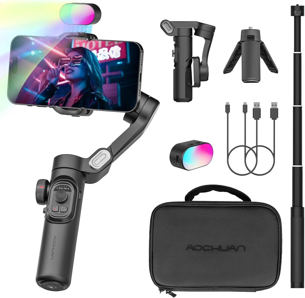 AOCHUAN Smartphone Gimbal Stabilizer w/Extension Rod & RGB Light XE Combo1
