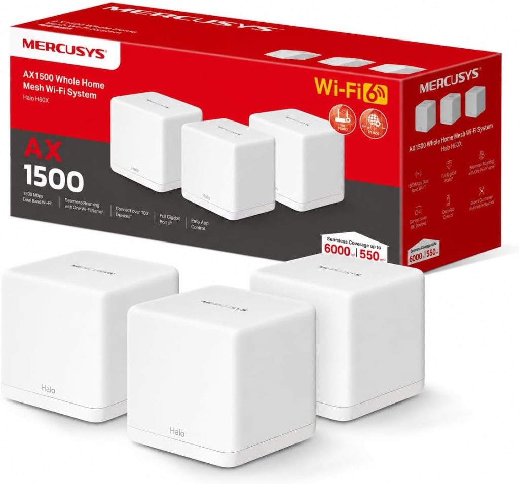 MERCUSYS Halo H60X (3-pack) AX1500 Whole Home Mesh WiFi 6 System, 1GB Ports