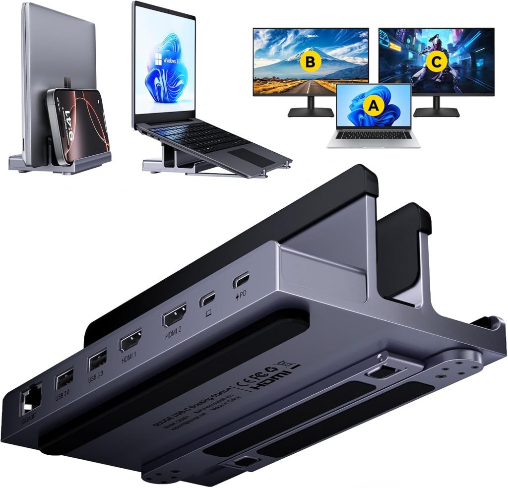 Docking Station Dual Monitor: QUUGE 7 in 1 USB C Dock Stand with Dual HDMI(4K120Hz + 60Hz), Gigabit Ethernet, 2xUSB3.0, 100W PD & Laptop Stand, Macbook Docking Station USB C for MacBook Air/Pro, Dell