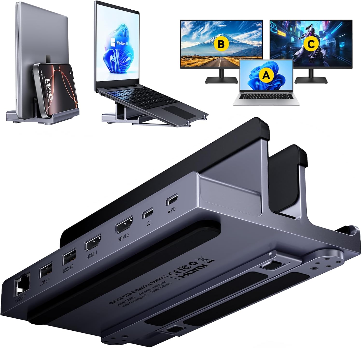 Docking Station Dual Monitor: QUUGE 7 in 1 USB C Dock Stand with Dual HDMI(4K120Hz + 60Hz), Gigabit Ethernet, 2xUSB3.0, 100W PD & Laptop Stand, Macbook Docking Station USB C for MacBook Air/Pro, Dell