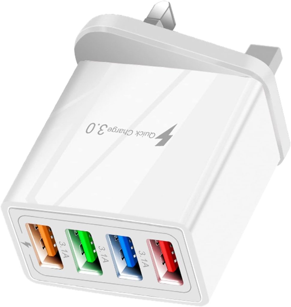 USB Plug Charger UK, QC 3.0 3.1A Fast Charging, 4-Port USB Wall Charger Plug, Power Adapter with Smart Device-Adaptive, Quick Charging Technology for All Smartphone(White)