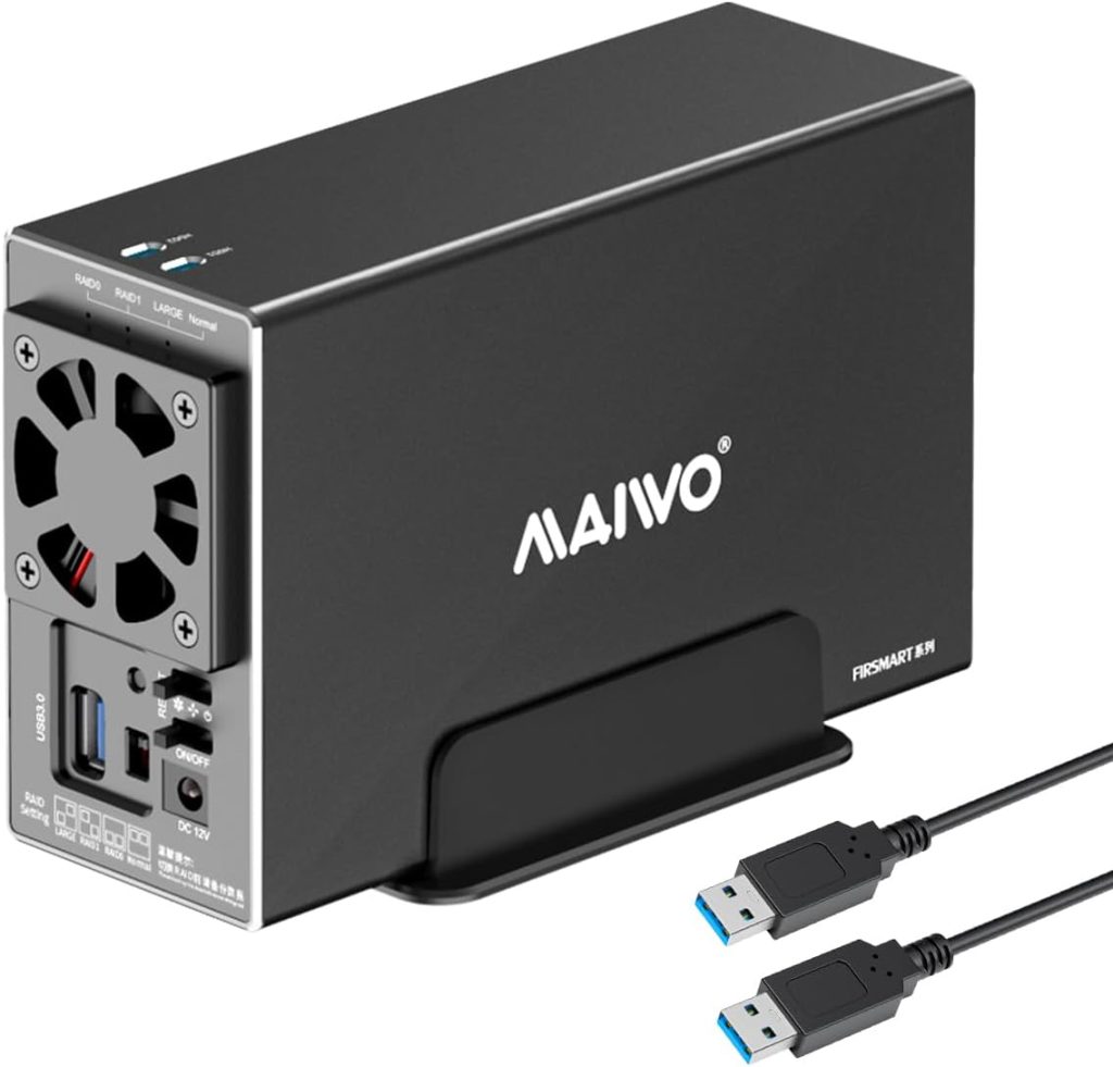 MAIWO Dual Bay Hard Drive RAID Enclosure with Cooling Fan for 2.5/3.5 inch SATA SSD/HDD, 5Gbps USB 3.0 HDD Enclosure, 48TB Capacity, RAID 0/1/JBOD/PM, Aluminum Case