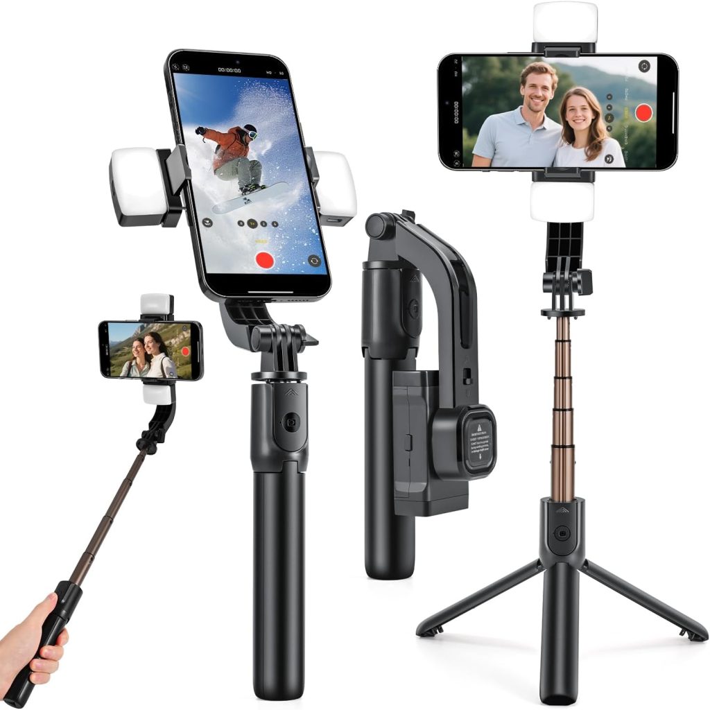 Selfie Stick Gimbal Stabilizer, 360° Rotation Tripod with Wireless Remote & Fill Lights, Portable Phone Holder, Auto Balance 1-Axis Gimbal for Smartphones Tiktok Vlog Youtuber Live Video