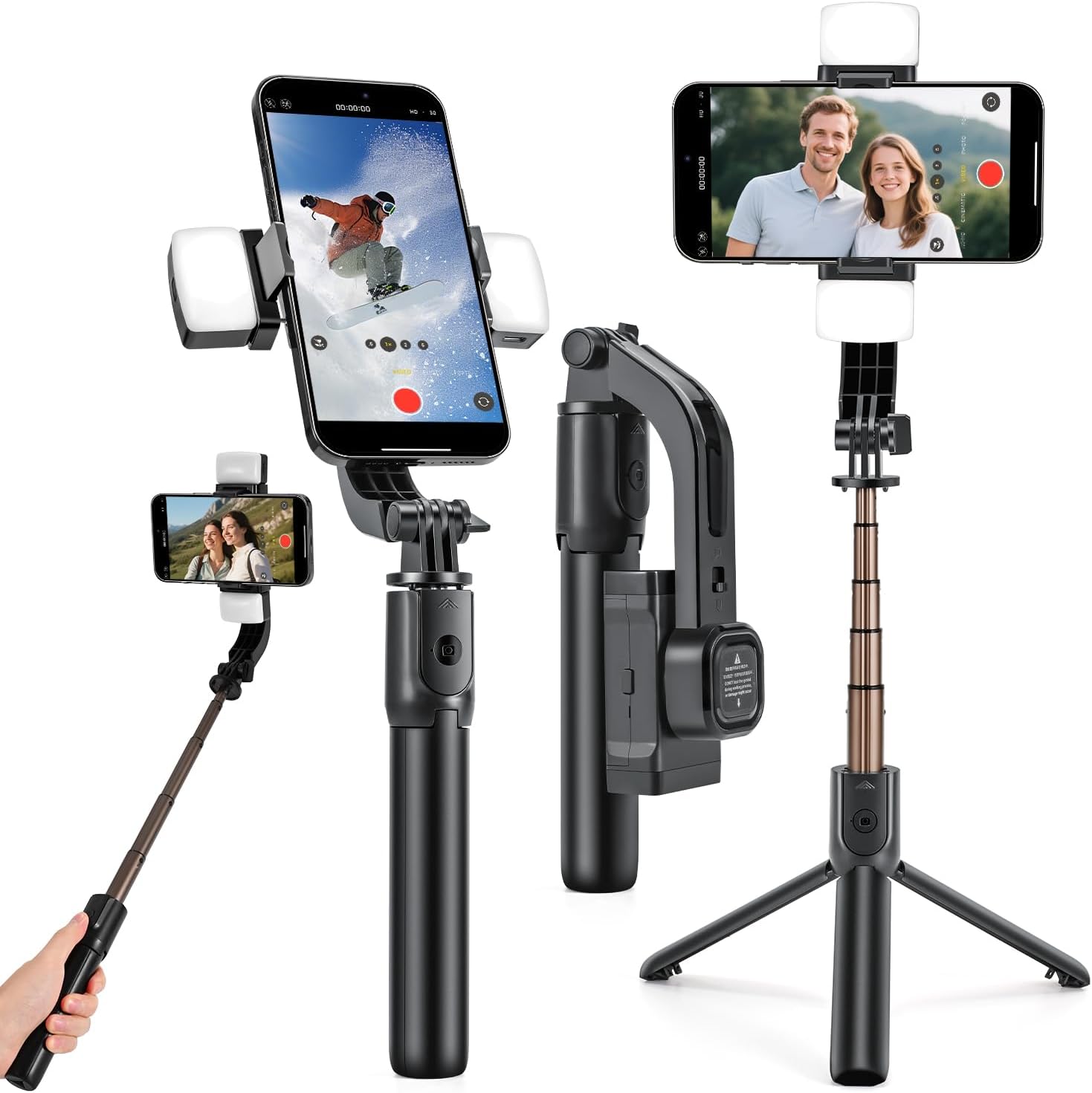 Selfie Stick Gimbal Stabilizer, 360° Rotation Tripod with Wireless Remote & Fill Lights, Portable Phone Holder, Auto Balance 1-Axis Gimbal for Smartphones Tiktok Vlog Youtuber Live Video
