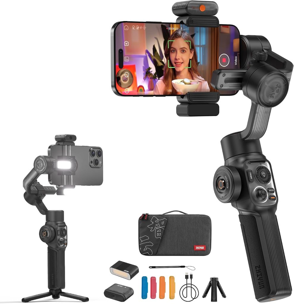 ZHIYUN Smooth-5S AI Pro[Official] AI Smartphone Gimbal, Gimbal Stabilizer 3-Axis, Mobile Phone Gimbal, with Tripod, Mobile Phone Stabilizer, for Vlog, YouTube, TikTok