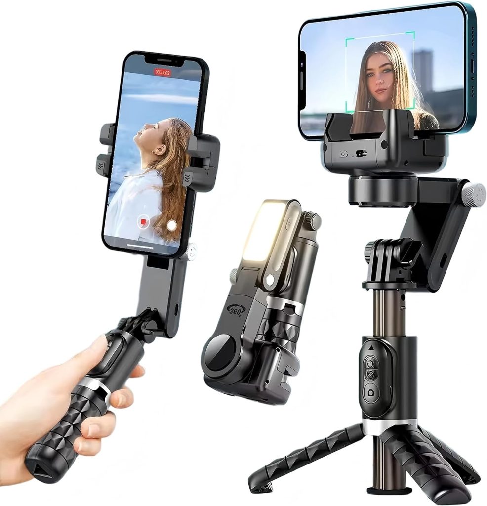 Gimbal Stabilizer for Smartphone,2-Axis Auto Face Tracking Selfie Stick with Tripod with LED light,360°Rotation with Remote for Android and iPhone,Ideal for Vlogging,YouTube,TikTok Video