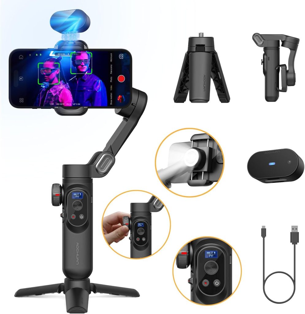 AOCHUAN Gimbal Stabilizer for iPhone, Gimbal w/AI Vision Sensor for Face Tracking, 3-Axis Phone Stabilizer w/Wireless Charging for Vlog Recording, Compatible with iPhone/Android-Smart AI XPro Black