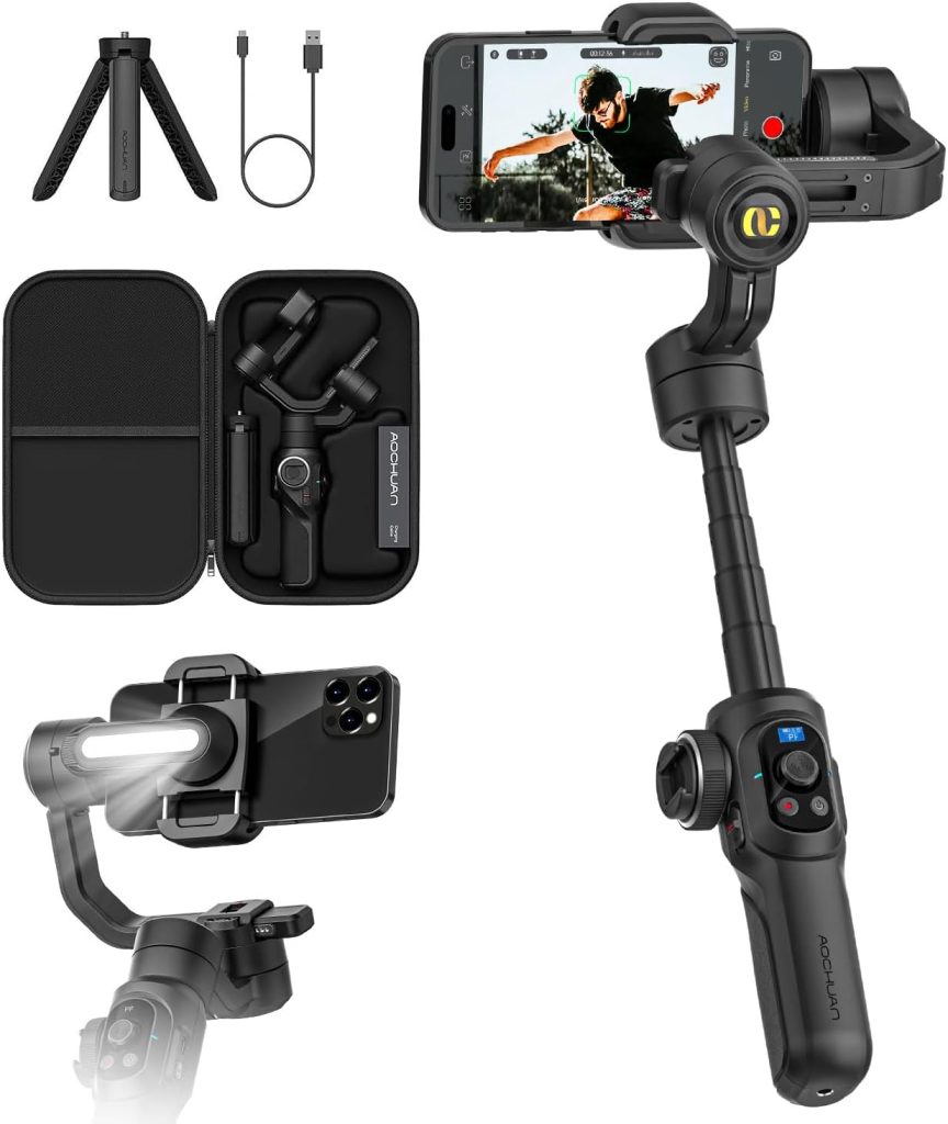 Professional Gimbal Stabilizer for Smartphone,Built-in 18CM Extension and Powerful Fill Light,360°Inception,Face&Object Tracking stabilizer,3-Axis Gimbal for iPhone& Android-AOCHUAN Smart S2
