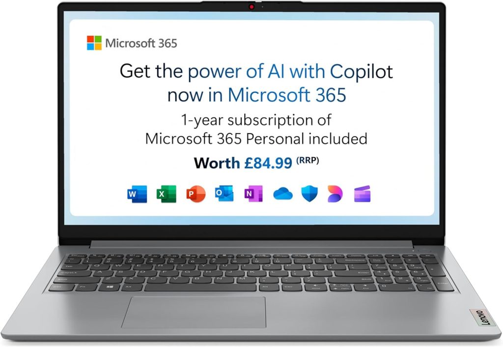 Lenovo IdeaPad 1, 15 inch Full HD Laptop, Intel Celeron N4500, 4GB RAM, 128GB eMMC, Windows 11 Home S, Microsoft 365 Personal, Cloud Grey