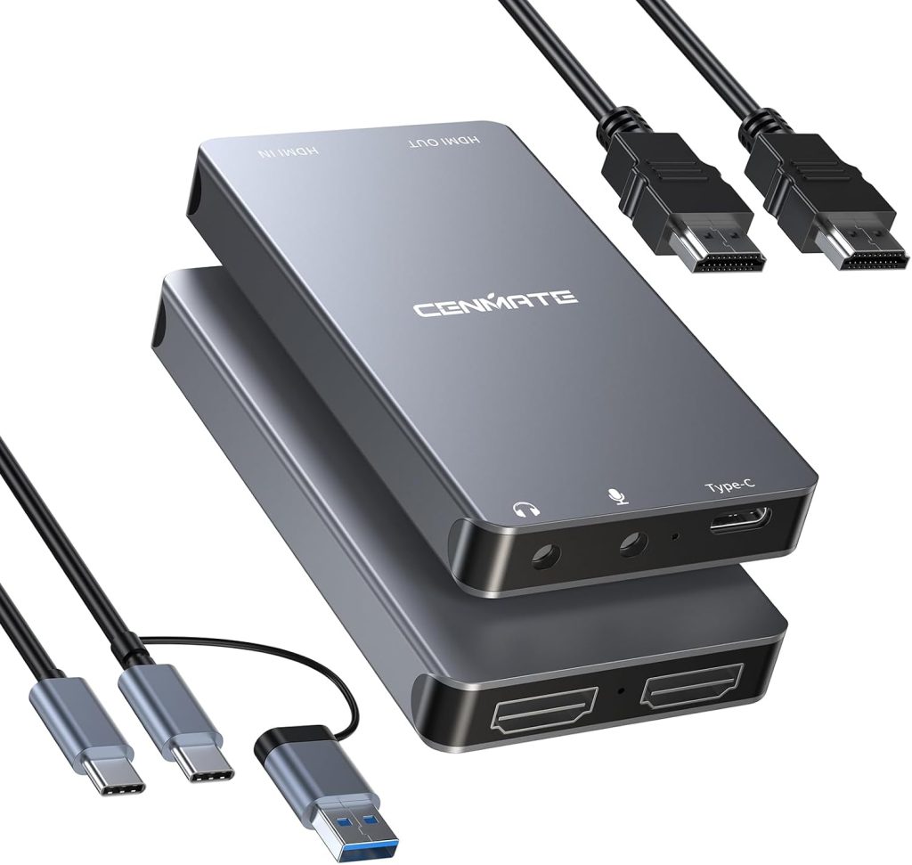 CENMATE Aluminum HDMI Capture Card, USB 3.0 1080P 60FPS Audio Video Capture Card for Streaming/Gaming/Video Conference, 4K@30Hz Input & Pass-Through Capture Card for NS/PS5/Xbox/Camera/PC