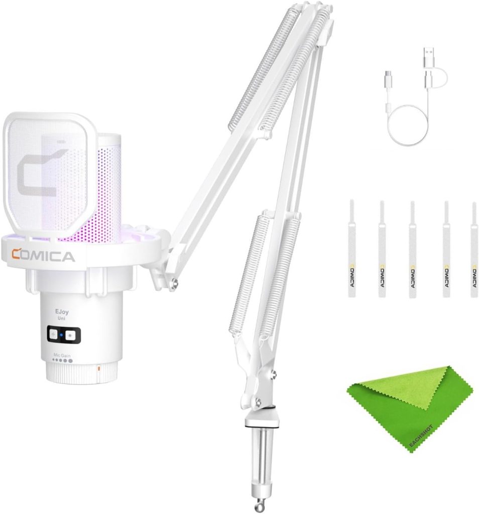 Comica EJoy Uni (A)-White USB Microphone for Computer and Smartphone,48Khz/24Bit RGB Cardioid Condenser Gaming Mic for Podcasting,Streaming,Recording,Music Creation,with Boom Arm Stand