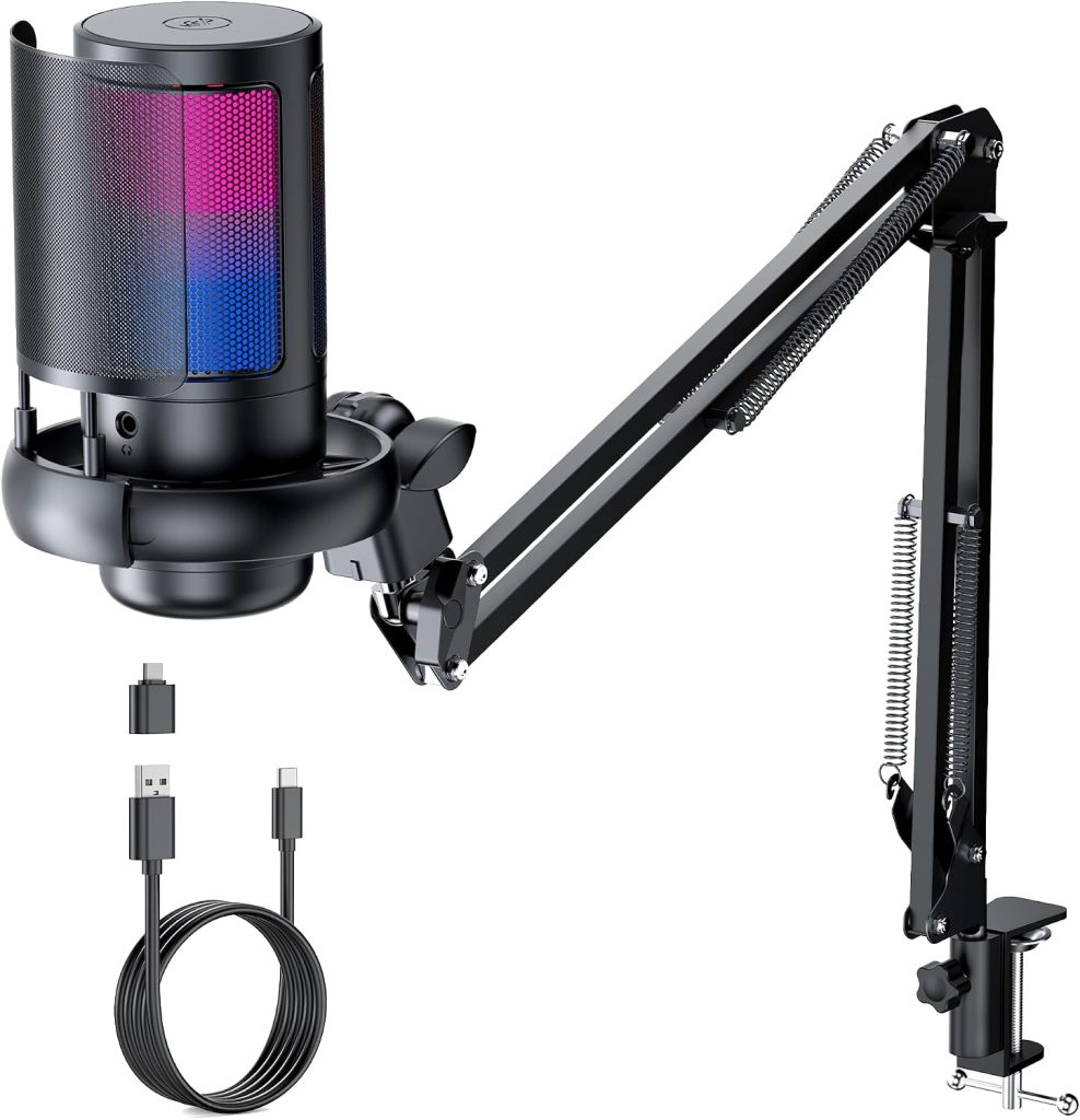RGB Gaming Microphone with Boom Arm: USB Mic for PC - Streaming & Podcast Microphone Accessory - Suitable for YouTube & TikTok