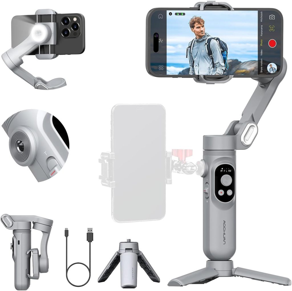AOCHUAN 3-Axis Gimbal Stabilizer for iPhone w/AI Tracking (Smart X Gray)