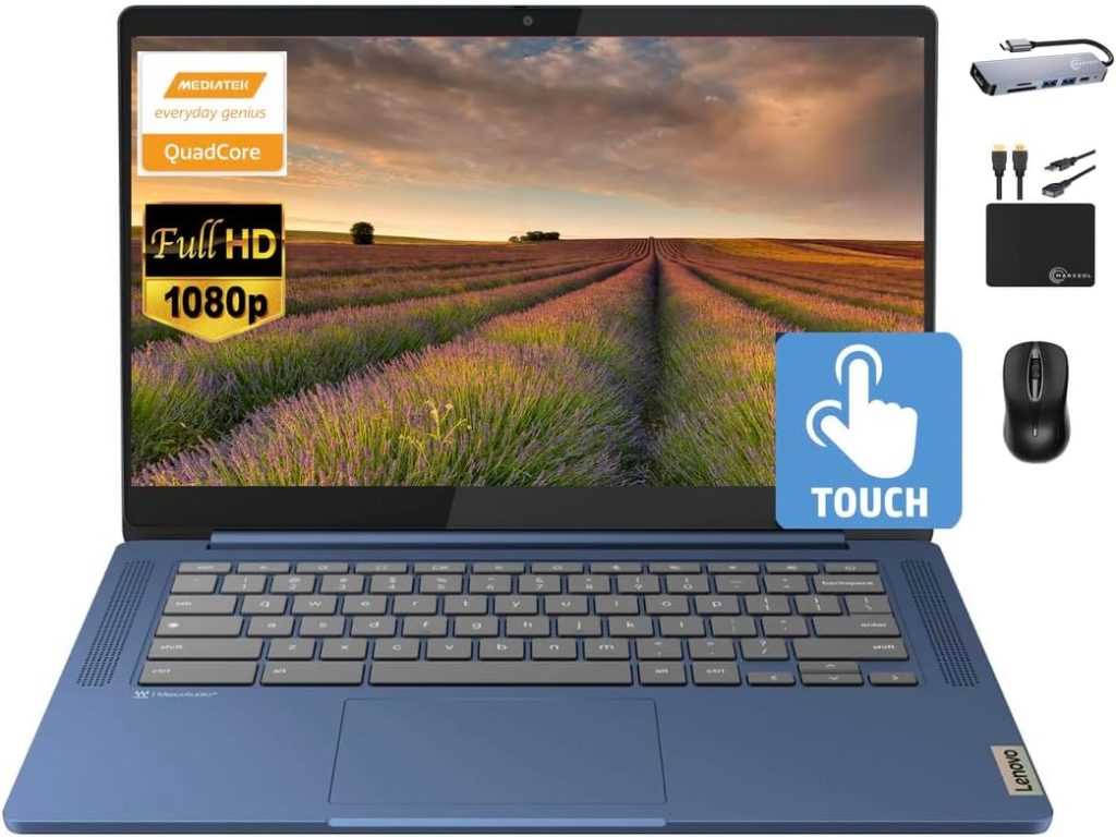 Lenovo Chromebook 14" Touchscreen Slim Laptop Business Student, 8-Core MediaTek Kompanio 520, 4GB RAM, 128GB Storage (64GB eMMC+64GB Card), WiFi 6, Long Battery, Chrome OS+MarxsolAccessory