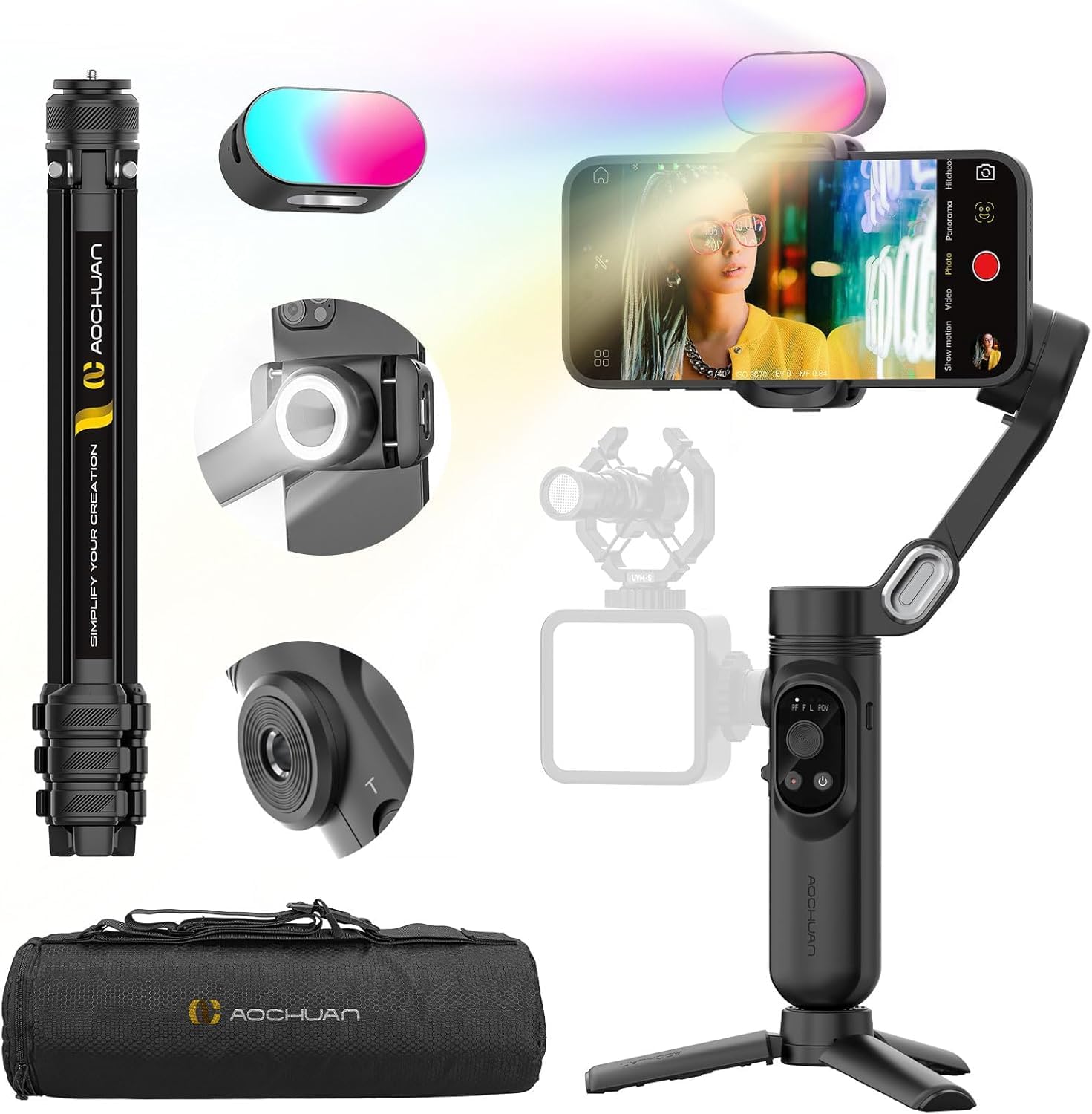 AOCHUAN 3-Axis Gimbal Stabilizer w/Camera Tripod,RGB Light & Carry Bag