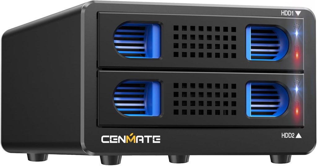 Hard Drive Enclosure, CENMATE Aluminum 2 Bay RAID Enclosure with Fan for 2.5/3.5 SATA HDD/SSD, USB 3.0 Tool-less HDD Enclosure, DAS