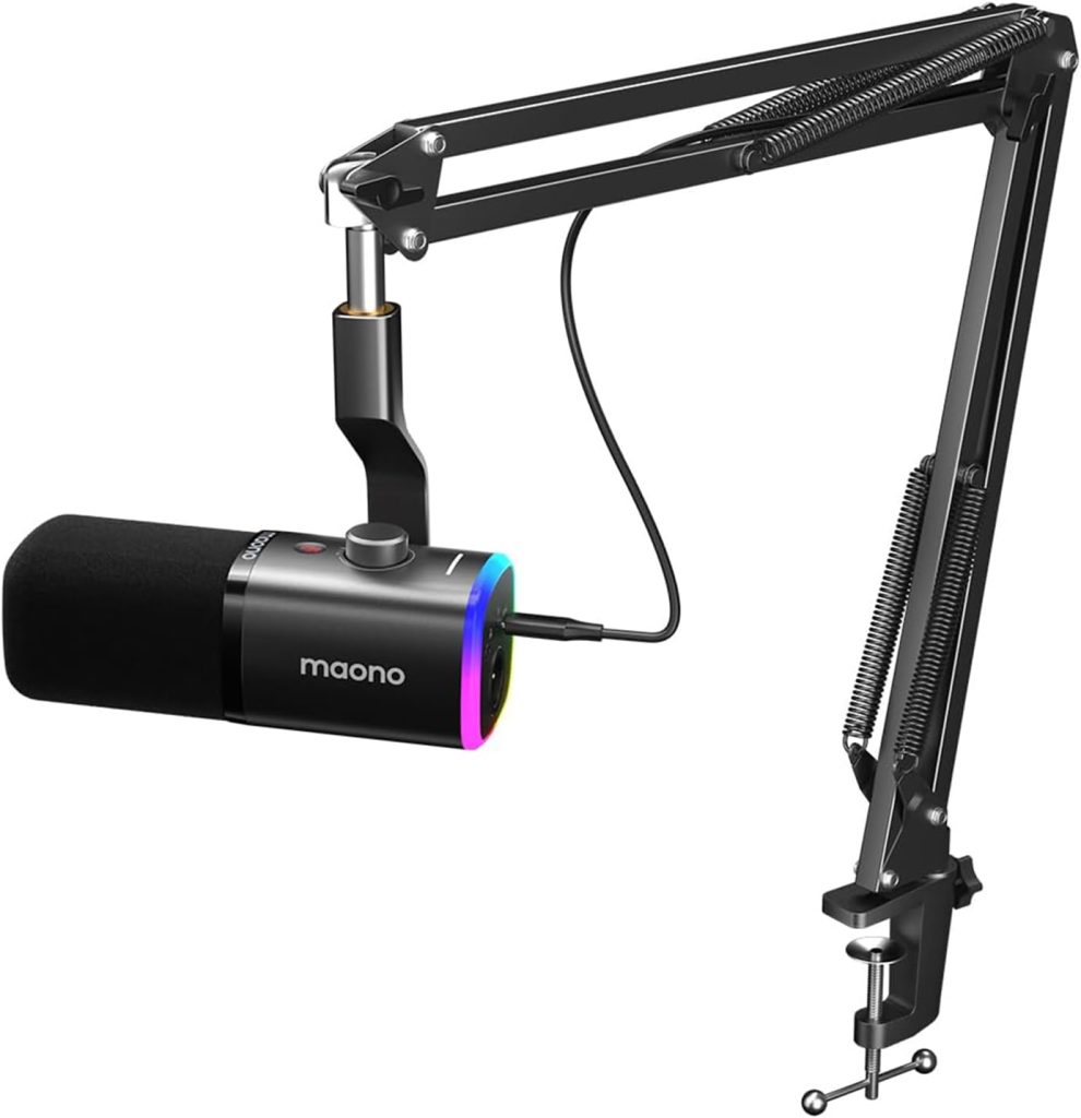MAONO Dynamic Gaming Microphone with Boom Arm: XLR/USB Podcast Microphone with Software, Mute Button, Gain Control, RGB PC Mic for Streaming, Recording, PS4/PS5, YouTube Content Creation PD100XS