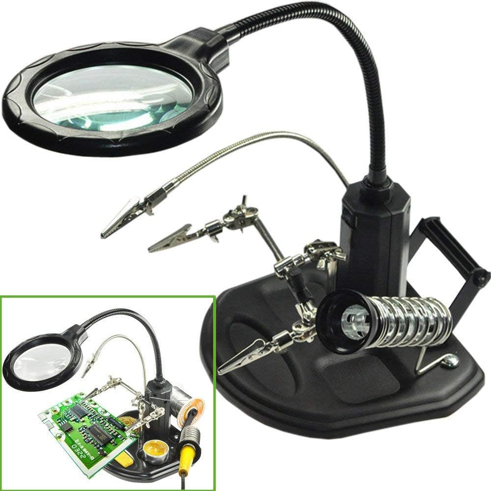 Helping Hands Soldering Magnifier Station - FEITA LED Lighted 2.5X/4X Magnifying Glass Heavy Base with Stand Clamps Clips, Solder Tip Cleaner, Solder Flux - for Soldering, Repair, Hobby and Crafts