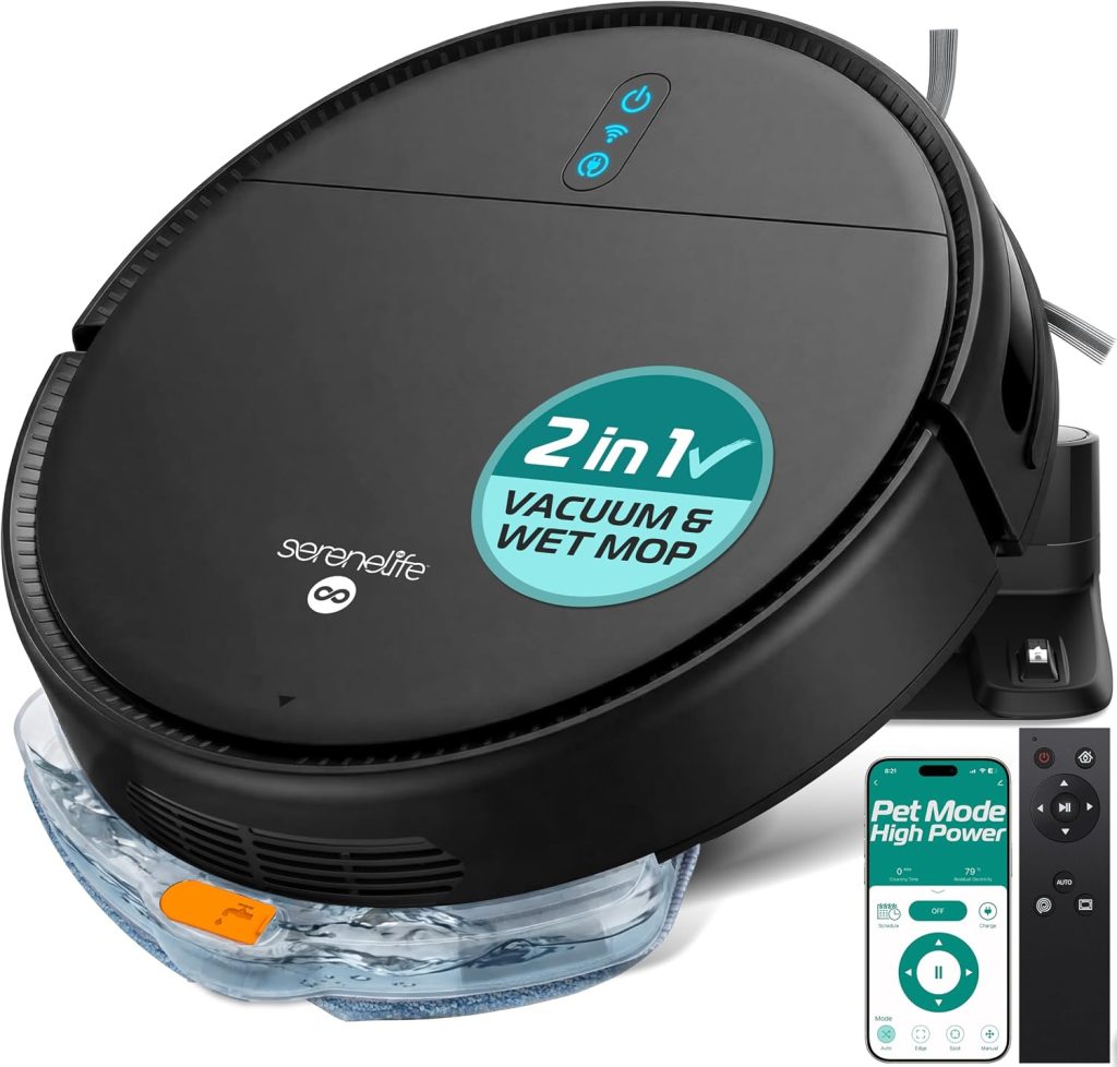 SereneLife Robot Vacuum Cleaner and Mop, Automatic Smart Vacuum with App Control, Powerful Suction, 3 Cleaning Modes, Auto Recharge, Dual Side Brushes, For Floors, Carpets & Pet Hair - Black