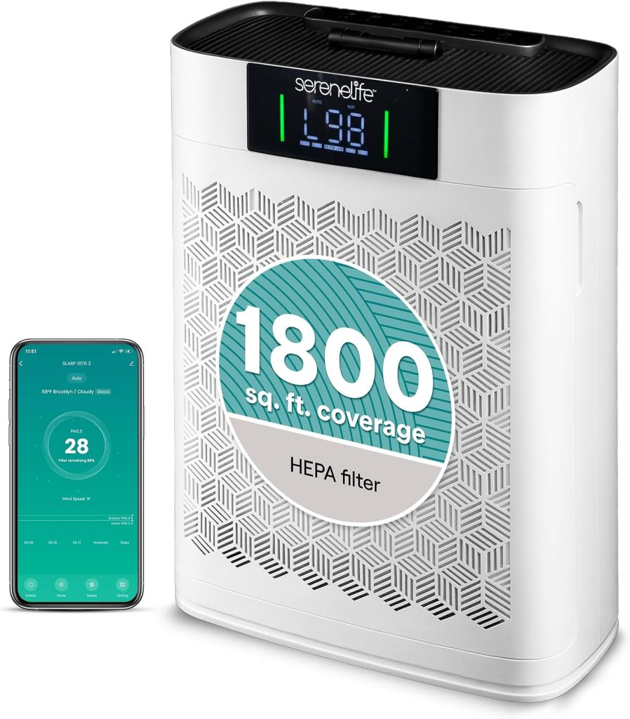 SereneLife Smart Air Purifier for Home & Bedroom – with Washable HEPA Filter, Filtration for Allergies, Pets, Dust, Smoke & Odors, WiFi App Control, Ultra-Quiet Sleep Mode, Energy-Efficient Design