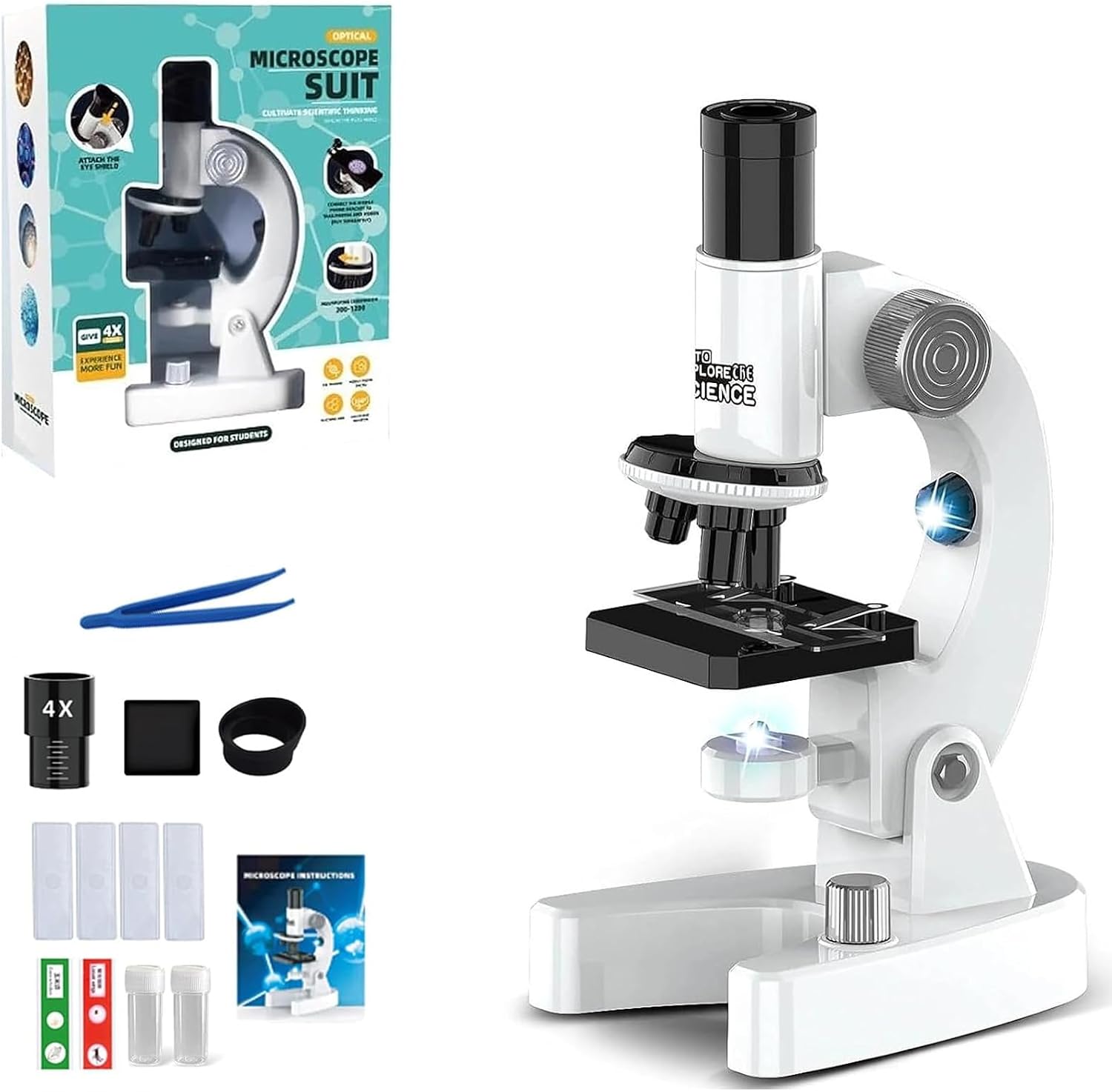 Up to 4800X Zoom Microscope for Children High Magnification Biological Science Educational Microscope with Films and Samples