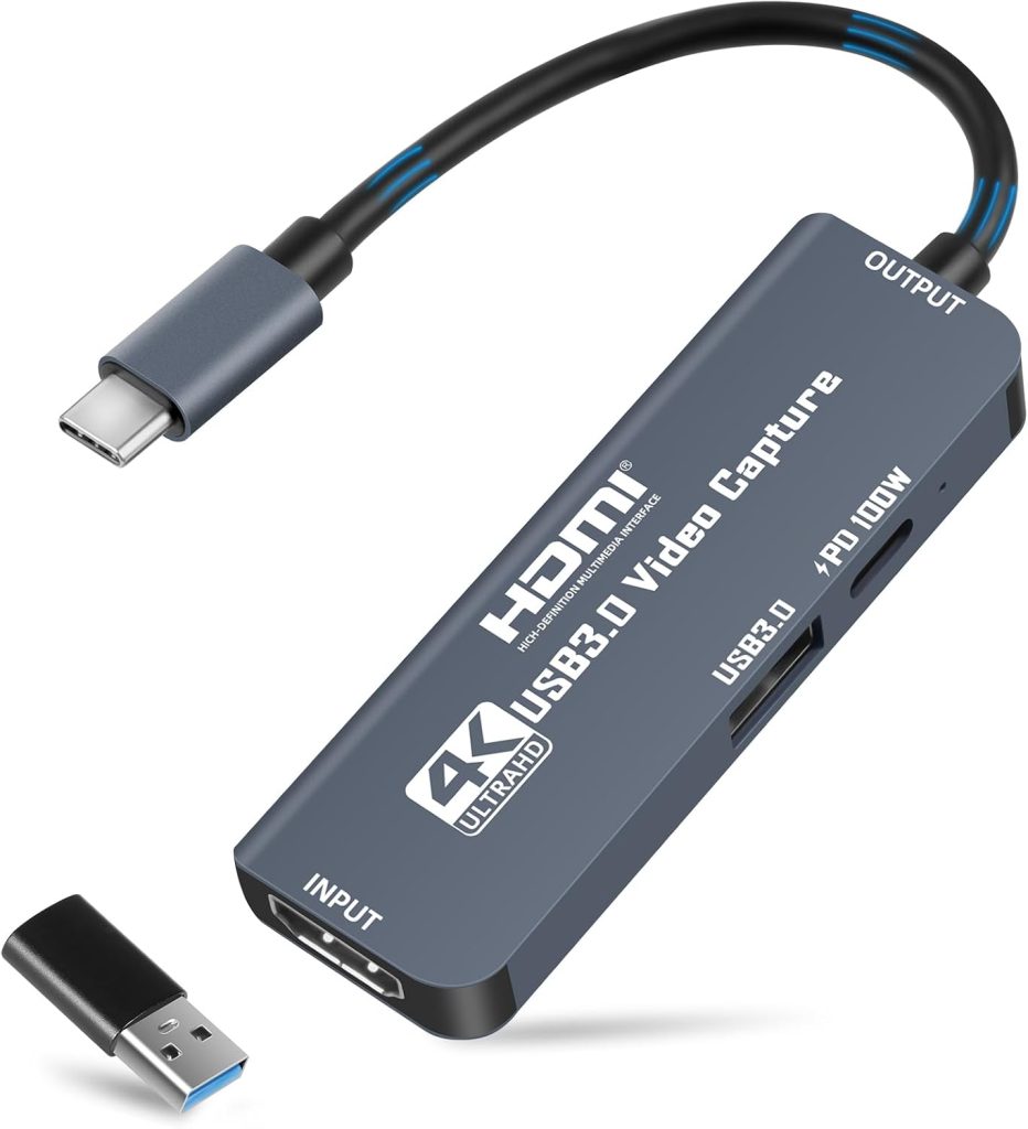 Flintronic USB 3.0 Video Capture Card with 100W PD, HDMI to USB-C 4K 1080P 60FPS, for Live Broadcast Gaming Streaming
