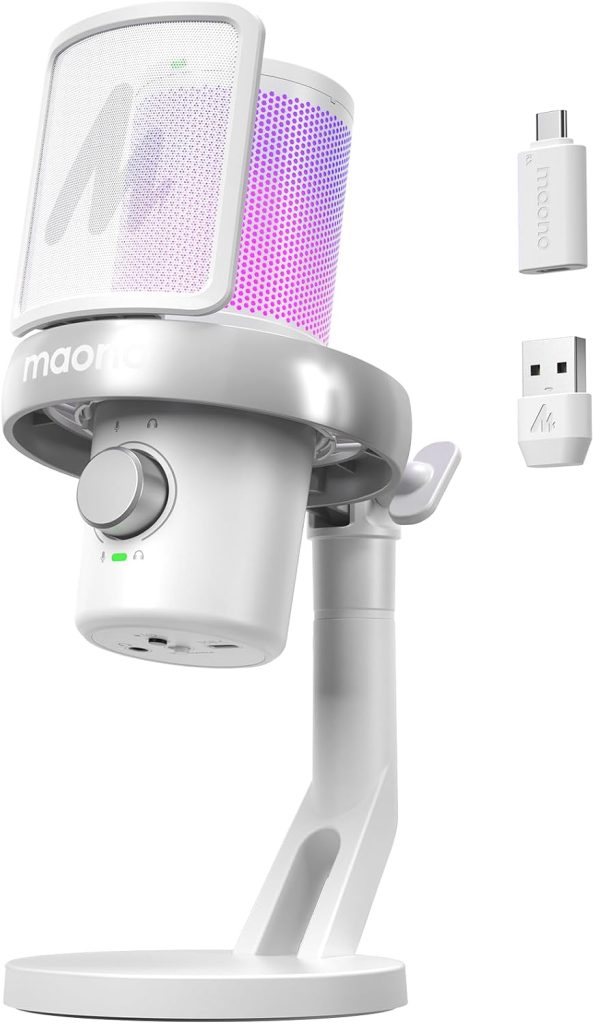 MAONO Microphone Wireless for PC, USB Microphone with Software AI Voice Change, Three-Level Noise Cancellation, Custom RGB Light, Mute, for Gaming, Podcasting, Streaming, Recording, DM40 Pro White