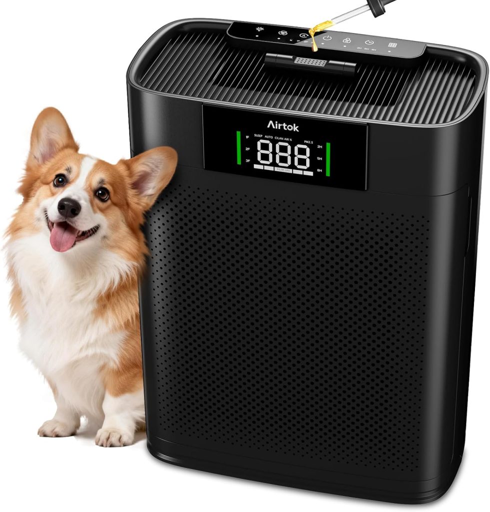 AIRTOK Air Purifier, Air Purifiers for Bedroom Home Up to 1300 Ft² with PM 2.5 Air Quality Monitor, HEPA Sleep Mode, Aromatherapy, HEPA Air Filter Remove Smoke Dust Pollen Pet Dander Odor, Black