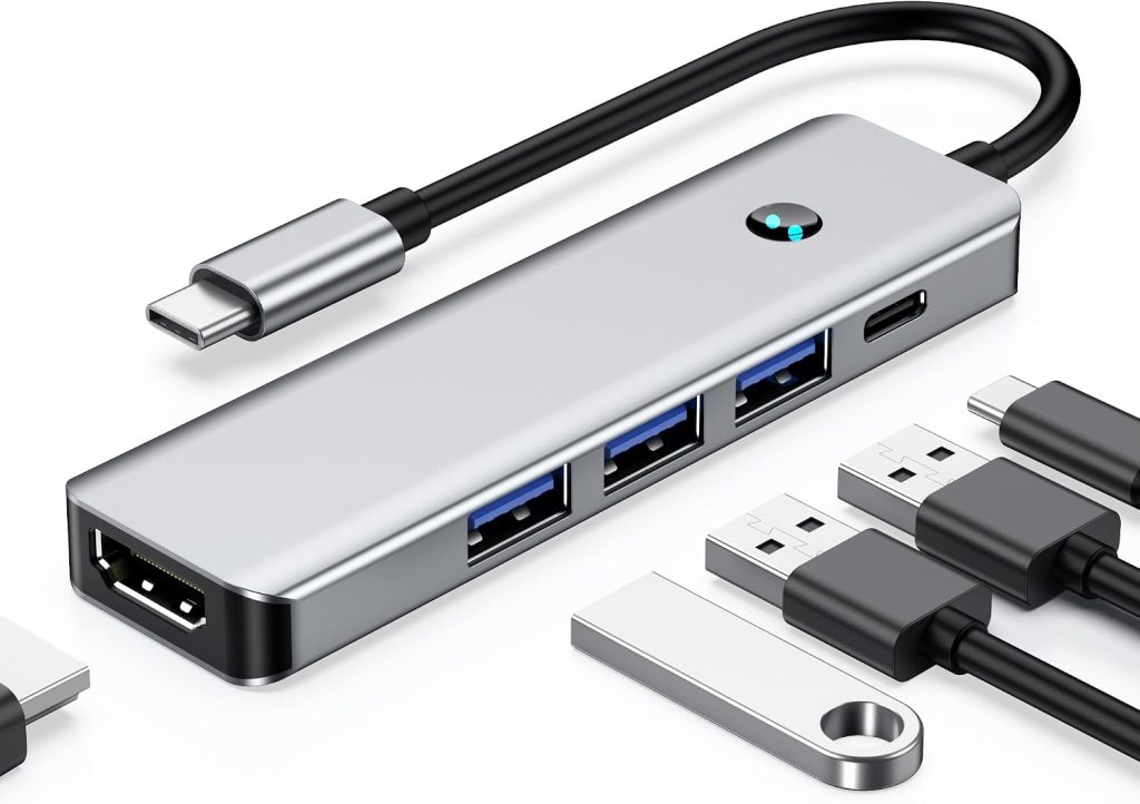 USB C Hub 5 in 1 Multiport Adapter 4K 60Hz HDMI, 100W Power Delivery, 3 USB-A Data Port, USB 3.0 USB C Dongle for MacBook Pro/Air, iPad Pro, iMac, iPhone 17, XPS, Thinkpad, Steam Deck