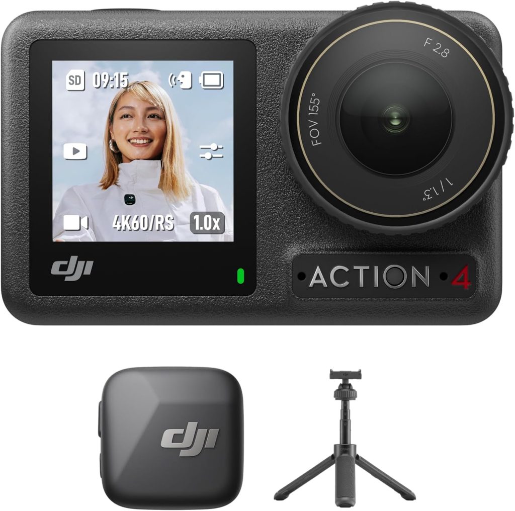 DJI Osmo Action 4 Standard Combo, Mic Mini Transmitter (Infinity Black) + Osmo Action Mini Extension Rod, 4K/120fps Waterproof Action Camera with a 1/1.3-Inch Sensor