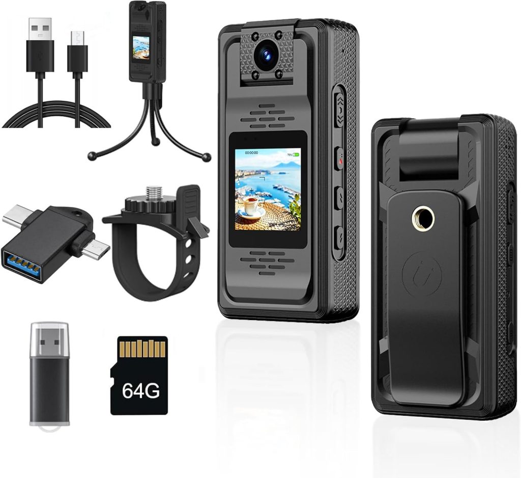 2K 1440P Body Camera, 64GB HD Police Wearable Camera with Night Vision, 1.3" Screen, Audio Recording, Mini Body-Worn Cam for Security, Sports, Outdoor Action (Black)