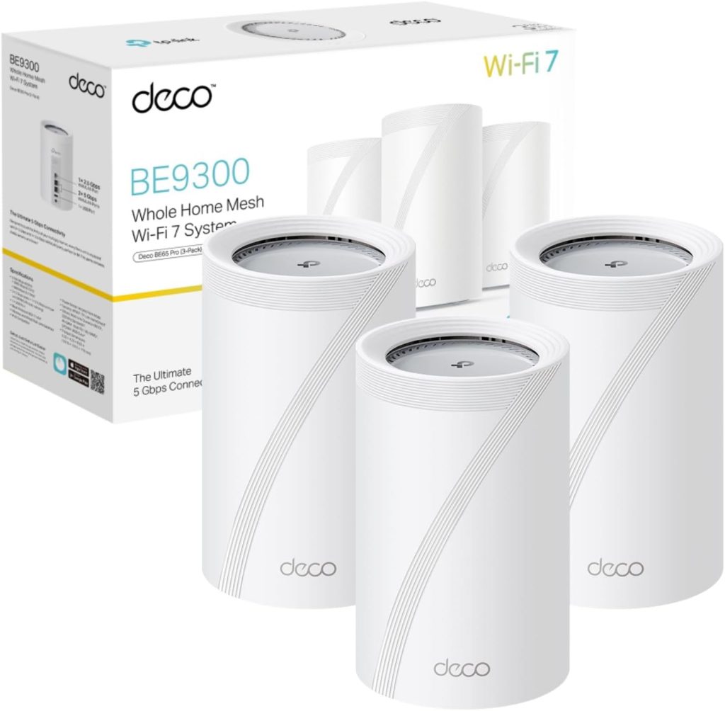 TP-Link Deco BE65 Pro(3-pack) BE9300Mbps Tri-Band Whole Home Mesh WiFi 7 System, 2x 5 Gbps & 1x 2.5 Gbps Gigabit Ports, Seamless AI-Driven WiFi Extender Booster, HomeShield