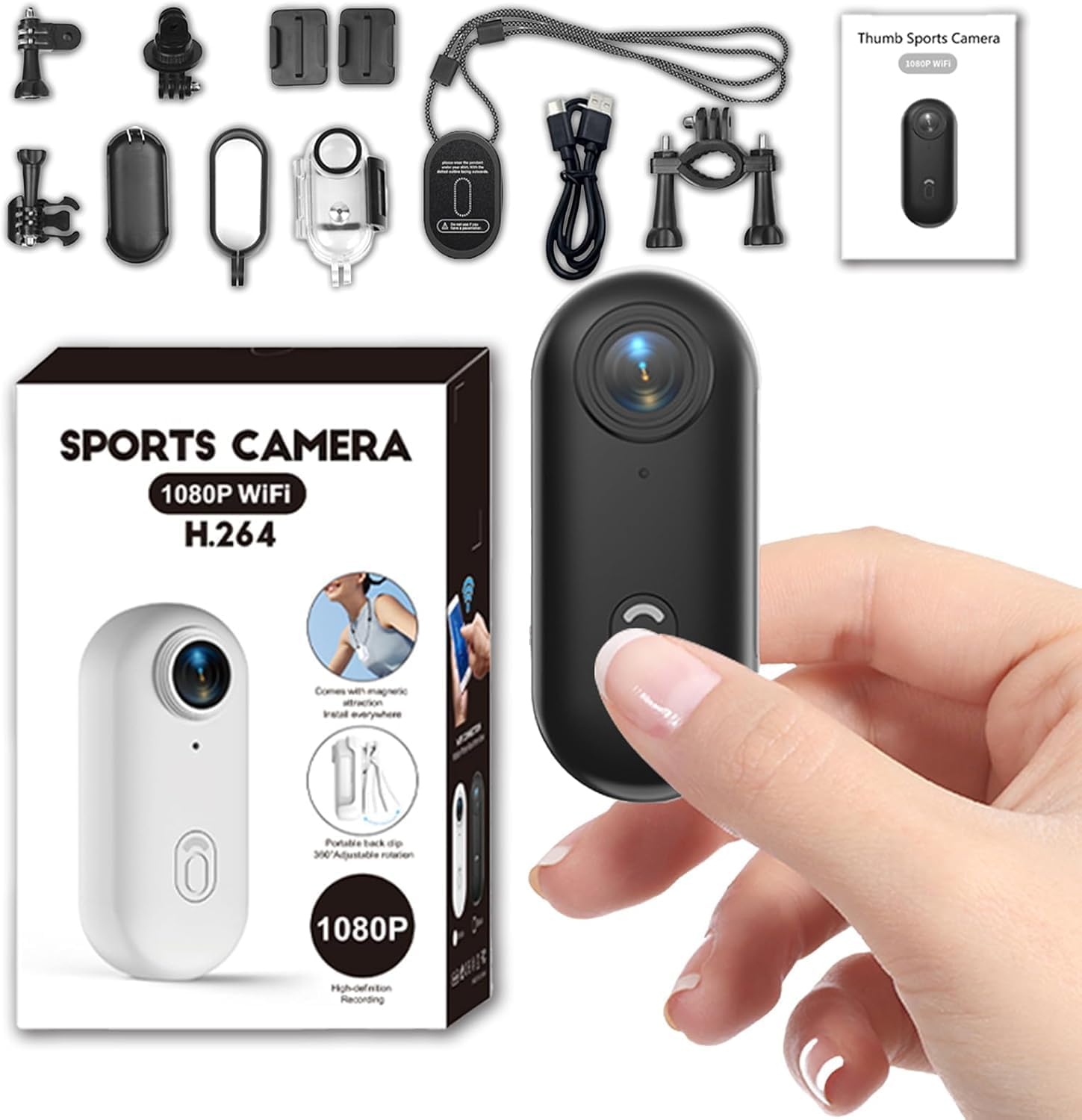 1080P Mini Thumb Action Camera, Portable Vlogging Body Cam, Waterproof Wearable Small Sports Action Camera with Magnetic & 360° Clip, Hands-Free POV Video Recorder for Cycling, Vlogging (Black)
