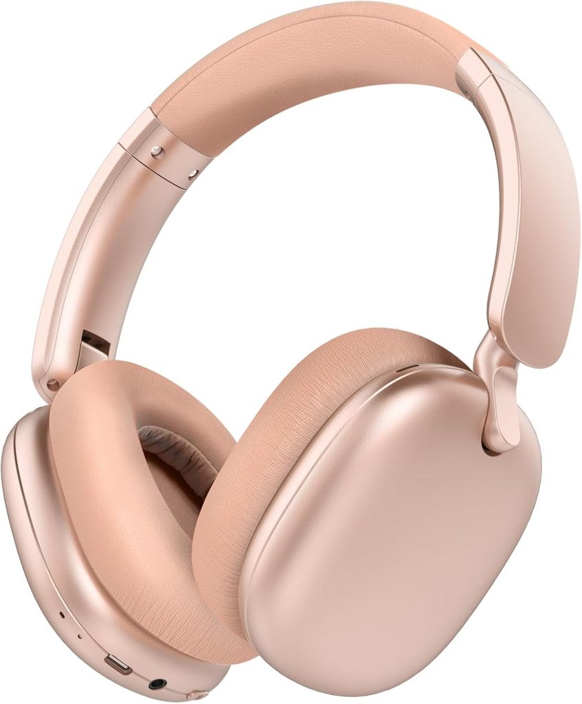C6 Active Noise Cancelling Headphones, Wireless Over Ear Bluetooth Headphones, 60H Playtime, Lightweight Folding Deep Bass Comfort Fit Ear Cups Headset with Mic for iPad/Travel/PC Rose Gold