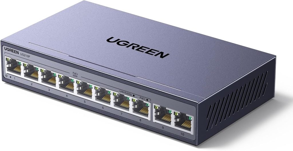 UGREEN 10 Port PoE+ Network Switch, 8 PoE & 2 Gigabit Ports