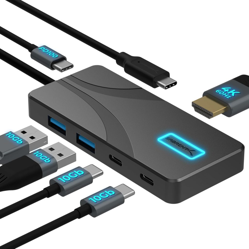 SABRENT USB C Hub, 4K@60Hz HDMI Adapter, 4 Port 10Gbps USB C Dock, 100W Power Delivery Laptop Docking Station, Mac Adapter Multiport (HB-TG5P)