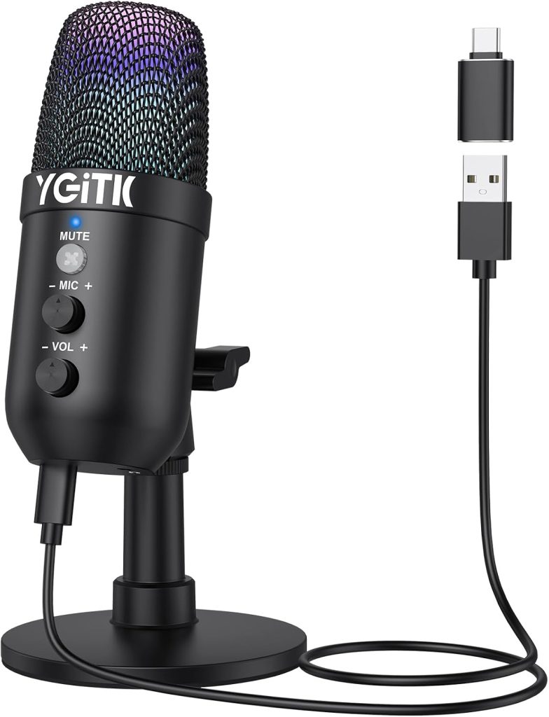 USB Microphone 16bit/48KHz RGB Gaming Mic PC Microphone Noise Reduction Compatible with Mac, Windows for PC, Laptop, PS4, PS5 Podcasting, Streaming, Recording Gaming