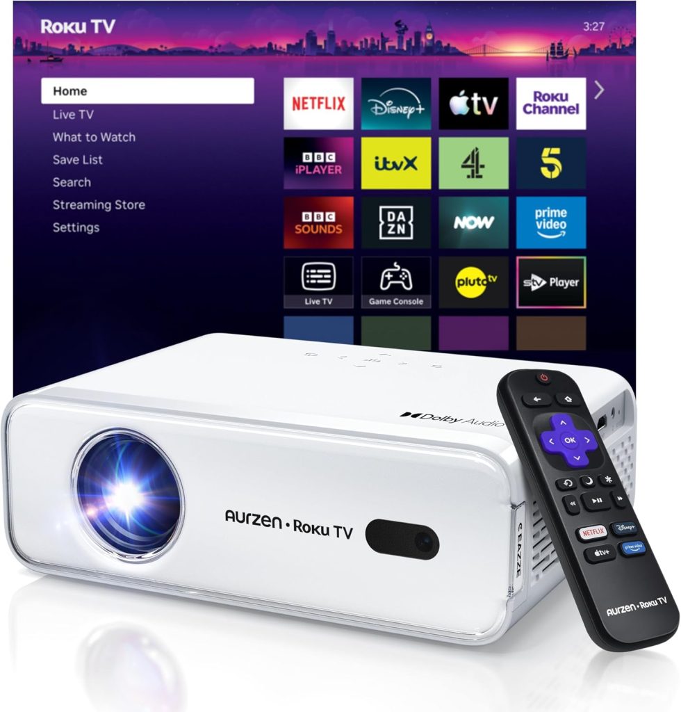 Aurzen Roku TV Projector for Bedroom, Roku Streaming Experience Built-in