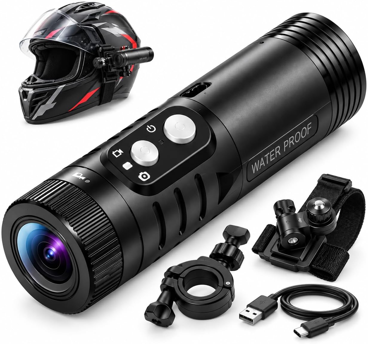 Winnes Helmet Camera 1080P, Motorcycle Camera with WiFi, IP66 Waterproof Motorbike Action Camera with Stabilisation, 3H Battery for Cycling, Riding and Outdoor Sports